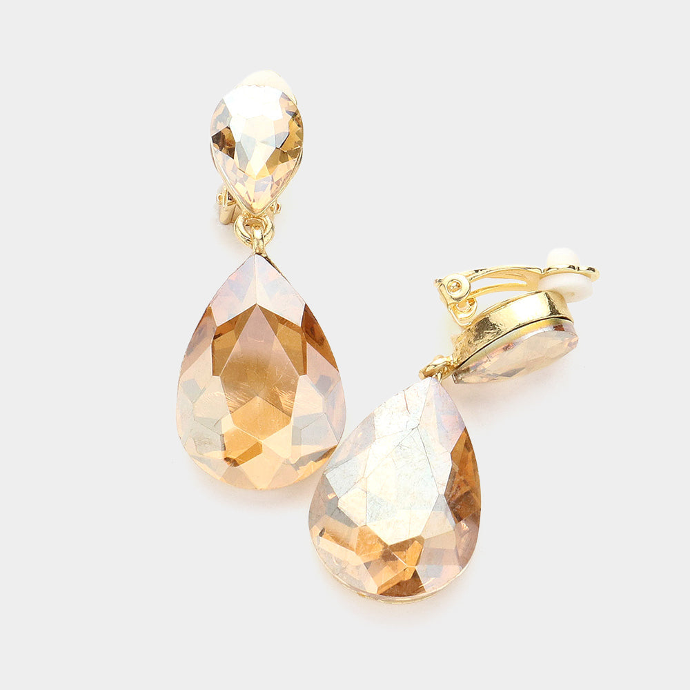 Women's Double Teardrop Stone Link Clip on Evening Dangle Earrings