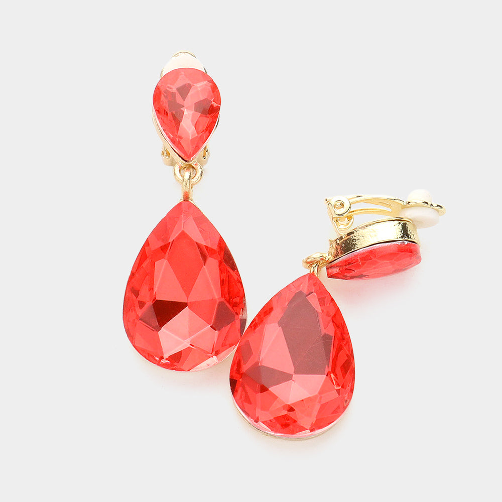 Women's Double Teardrop Stone Link Clip on Evening Dangle Earrings