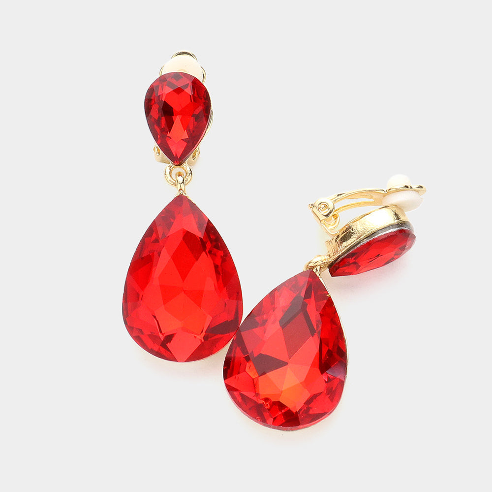 Women's Double Teardrop Stone Link Clip on Evening Dangle Earrings