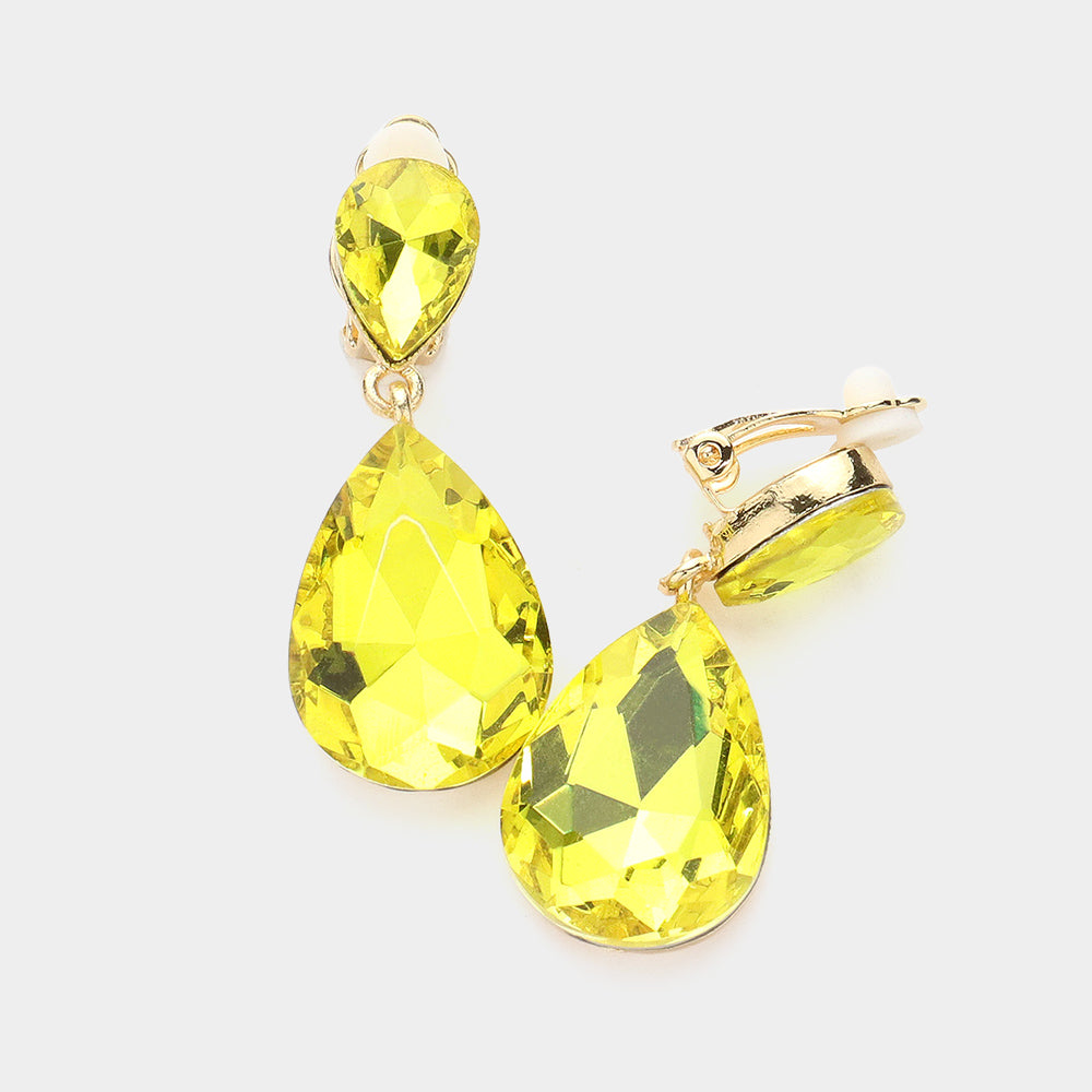 Women's Double Teardrop Stone Link Clip on Evening Dangle Earrings
