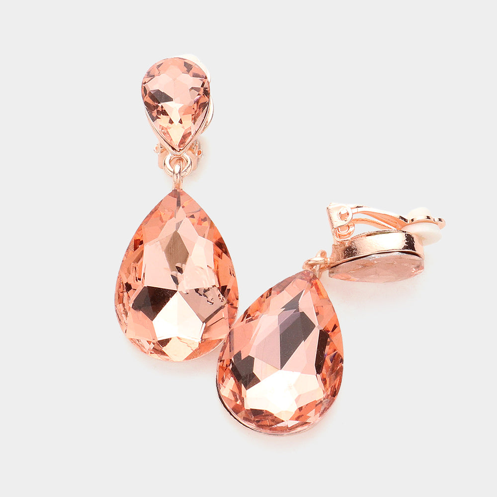 Women's Double Teardrop Stone Link Clip on Evening Dangle Earrings