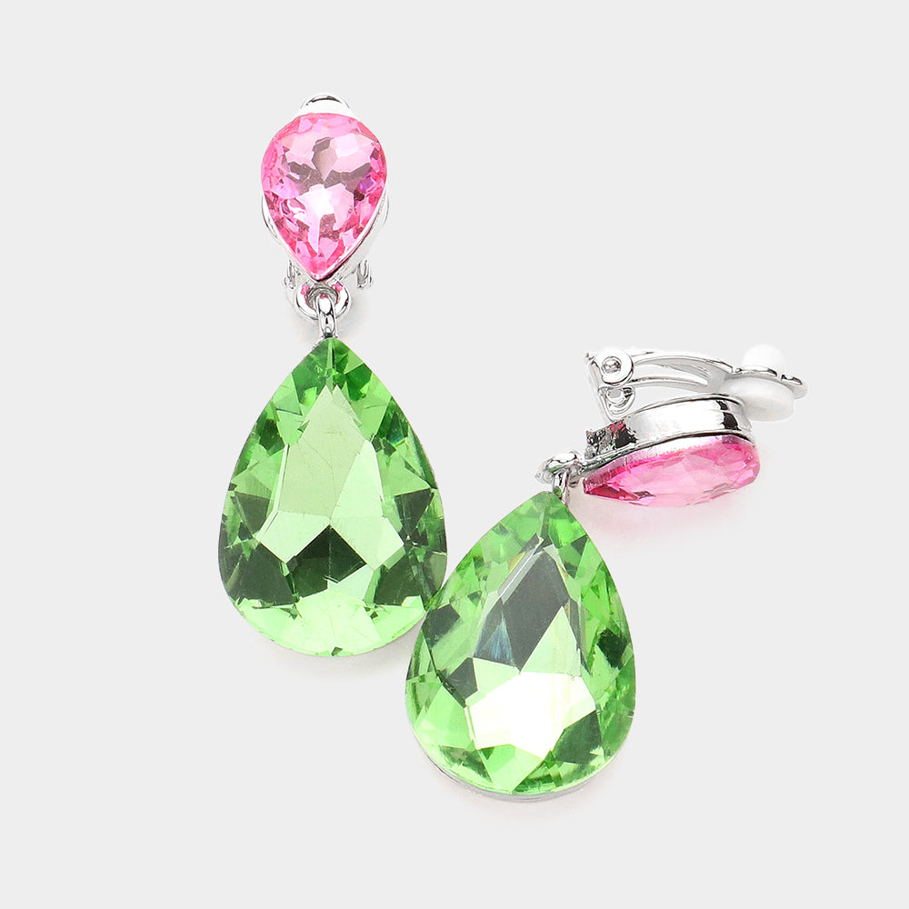 Women's Double Teardrop Stone Link Clip on Evening Dangle Earrings