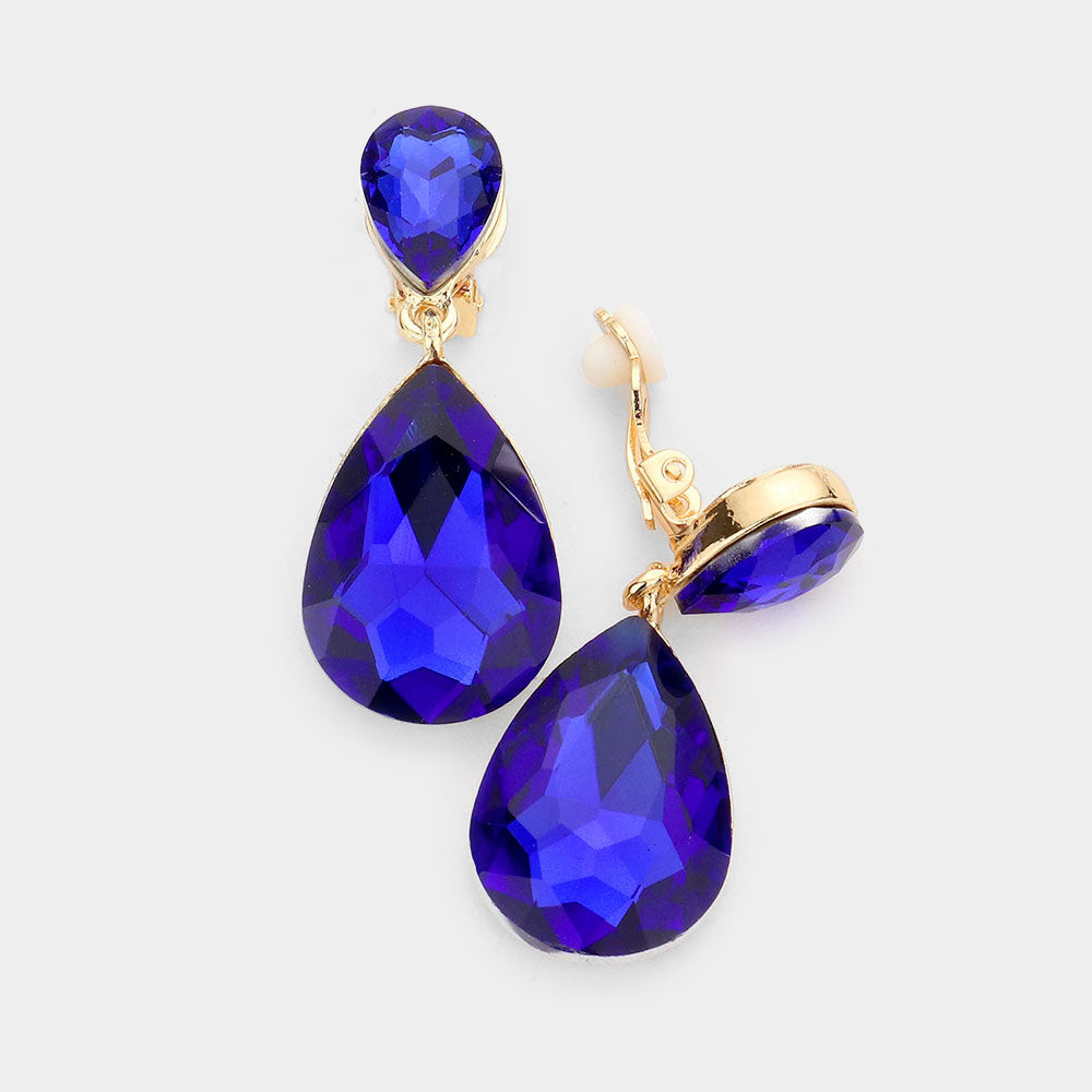 Women's Double Teardrop Stone Link Clip on Evening Dangle Earrings