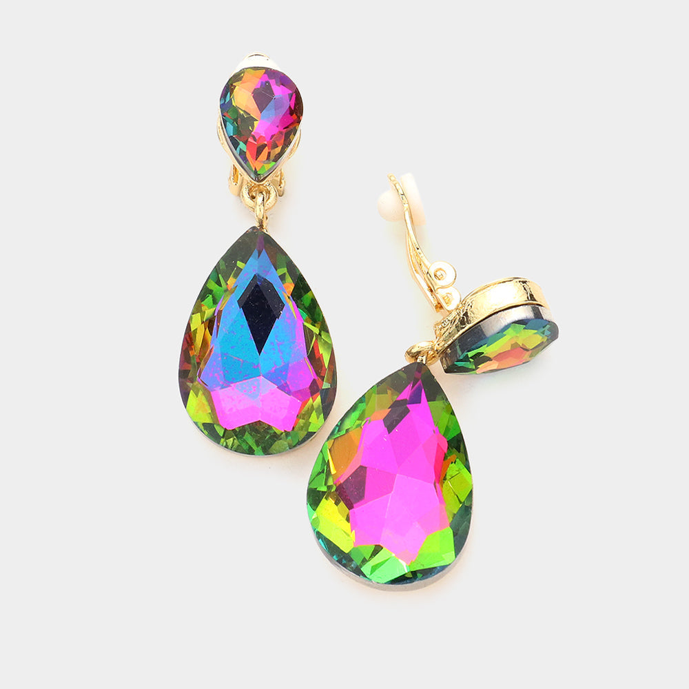 Women's Double Teardrop Stone Link Clip on Evening Dangle Earrings