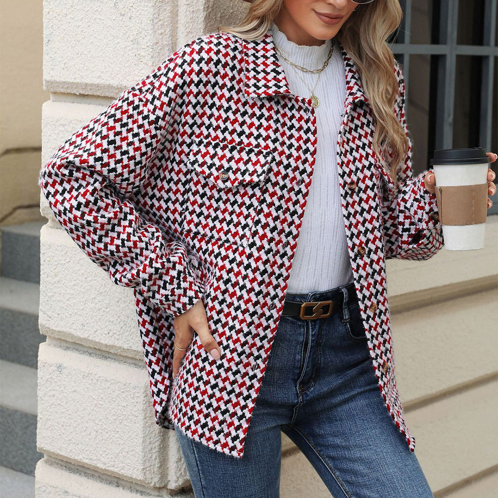 Fashion Houndstooth Lapel Tweed Coat Casual Loose Long Sleeve Jacket With Pocket Outwear Tops For Womens Clothing See size chart under “more details”