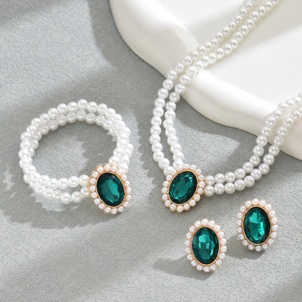 American Fashion Office Style Women 3Pcs Jewelry Set, Niche Bracelet Earrings & Clavicle Chain Inlaid Synthetic Emerald CZ And Faux Pearls, Elegant Daily Matching Accessories