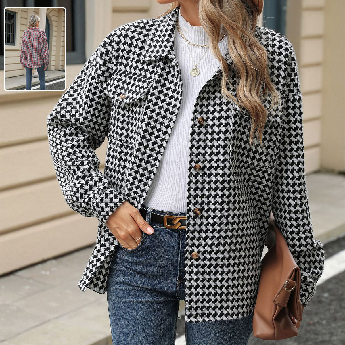 Fashion Houndstooth Lapel Tweed Coat Casual Loose Long Sleeve Jacket With Pocket Outwear Tops For Womens Clothing See size chart under “more details”