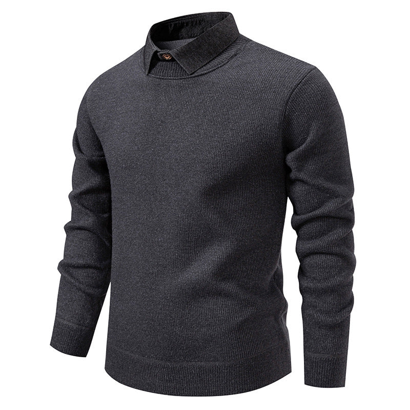 Mens Faux Two-piece Base-layer Knit Casual Shirt-collar Sweater