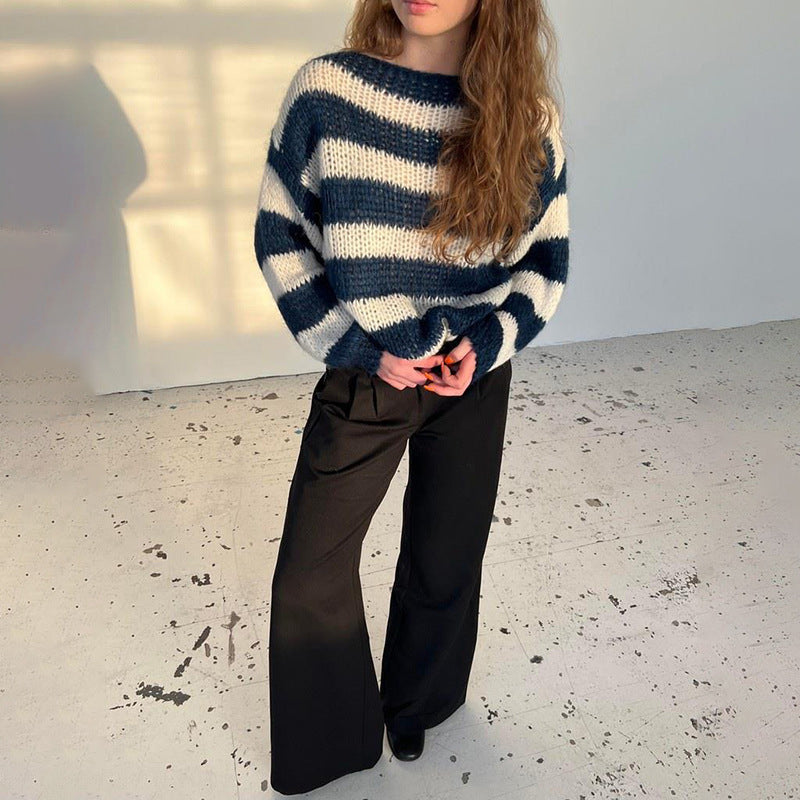 Loose Striped Pullover Sweater Fashion Versatile Long-sleeved Knitted Tops For Women Clothing See size chart under “more details”