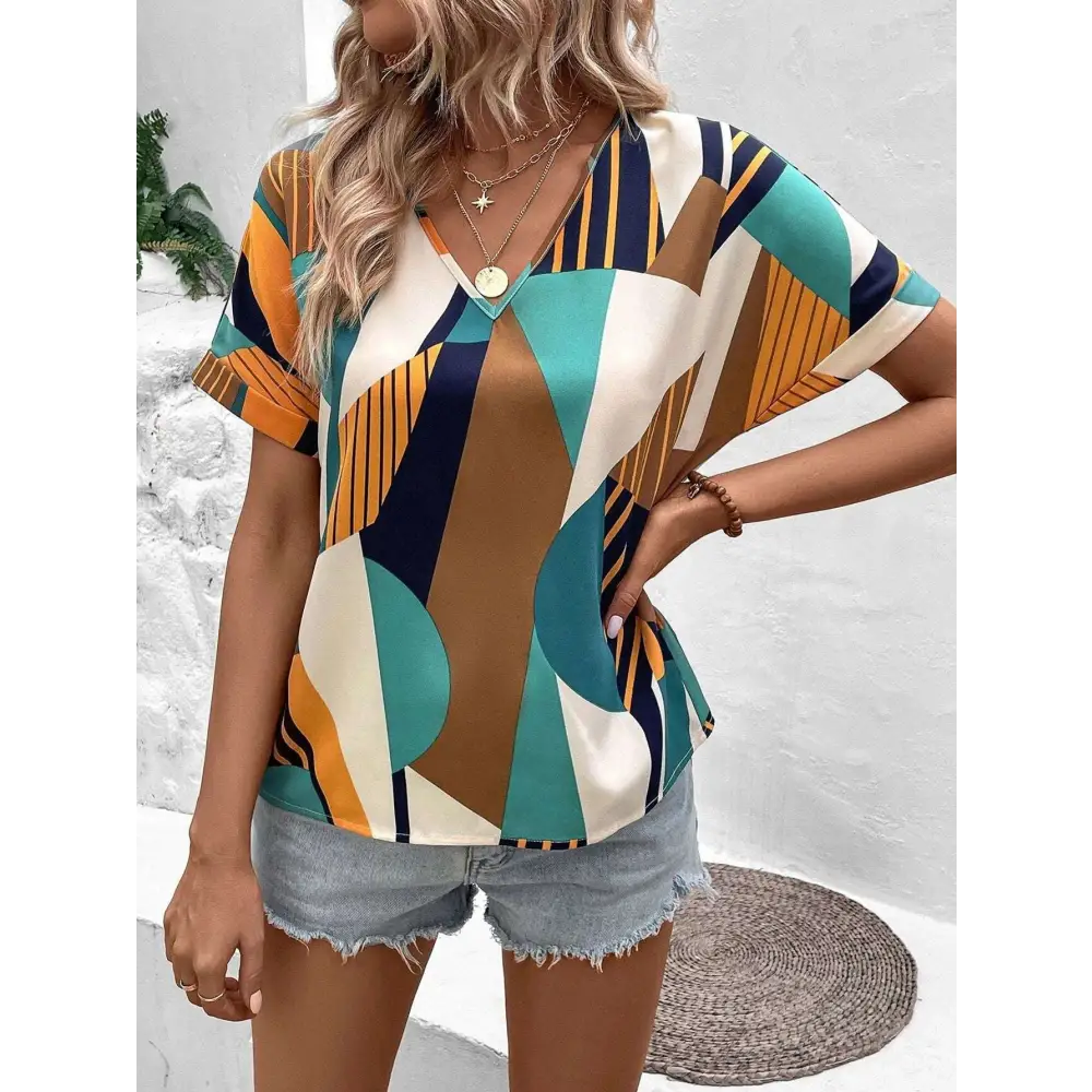 Geometric Women’s Clothing Printed V-Neck Top