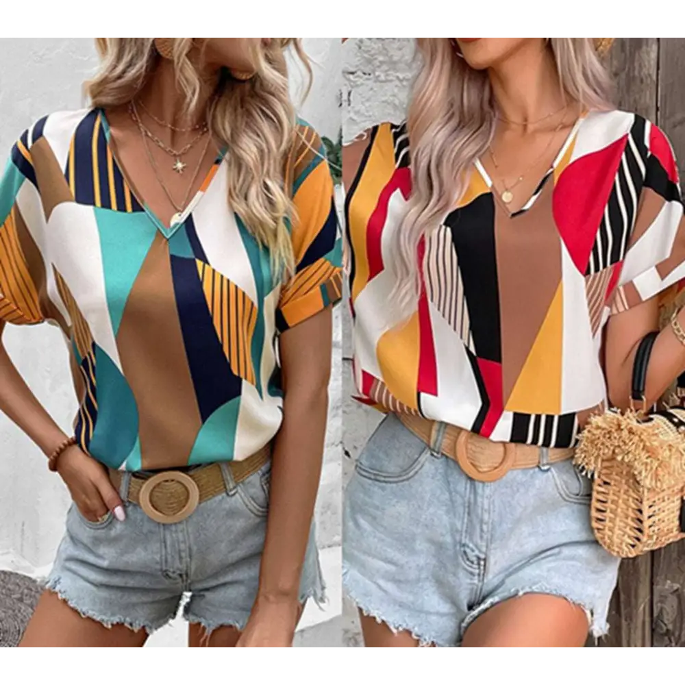 Geometric Women’s Clothing Printed V-Neck Top