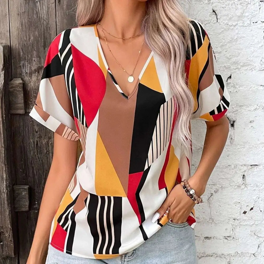 Geometric Women’s Clothing Printed V-Neck Top