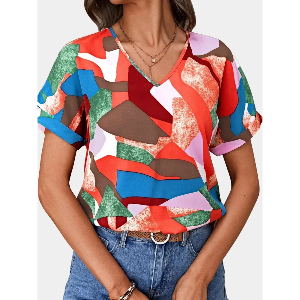 Geometric Women’s Clothing Printed V-Neck Top