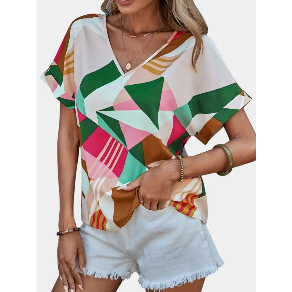 Geometric Women’s Clothing Printed V-Neck Top
