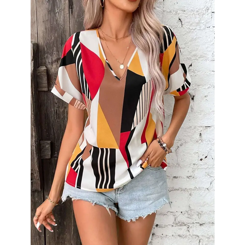 Geometric Women’s Clothing Printed V-Neck Top