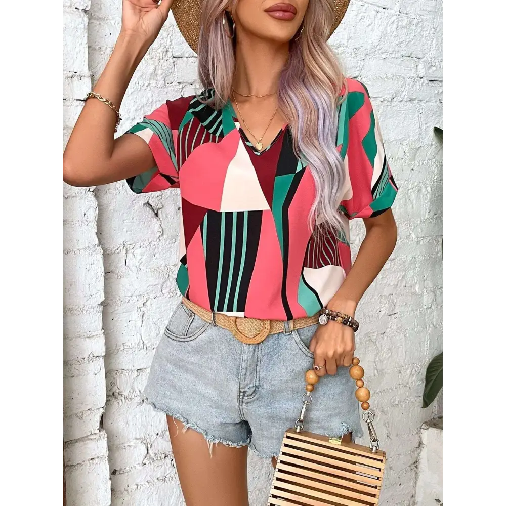 Geometric Women’s Clothing Printed V-Neck Top