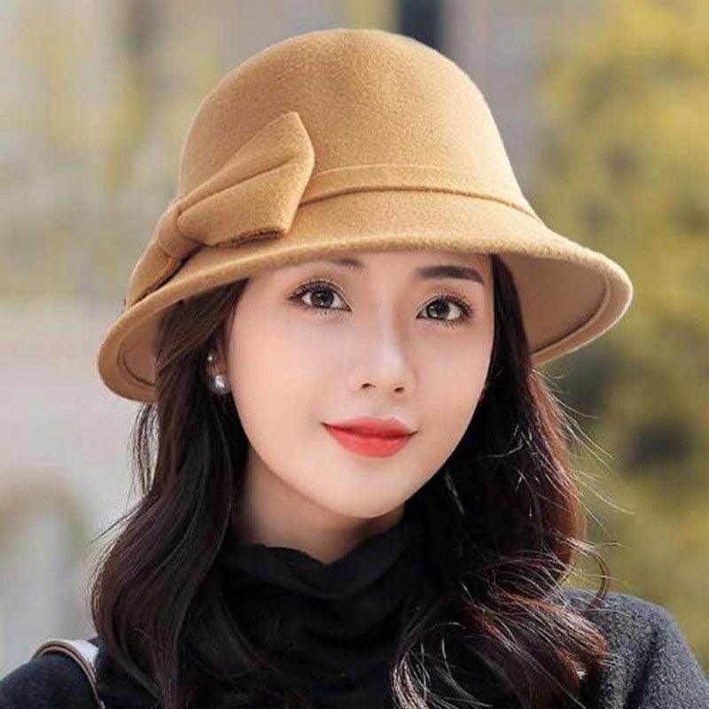 One Size Women's Hat Bow-knot Woolen Fedoras Women's Autumn Winter Hat Solid Color Wide Brim Hat Elegant Fedora Hat Fashion Ladies Vintage Luxury Hat Warm Autumn Soft Hat for Ladies