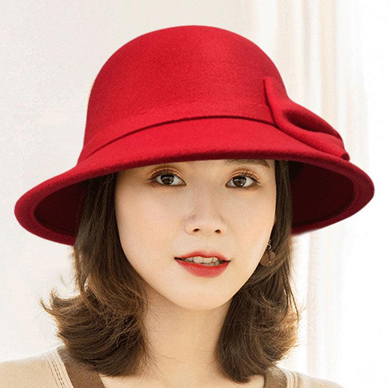One Size Women's Hat Bow-knot Woolen Fedoras Women's Autumn Winter Hat Solid Color Wide Brim Hat Elegant Fedora Hat Fashion Ladies Vintage Luxury Hat Warm Autumn Soft Hat for Ladies