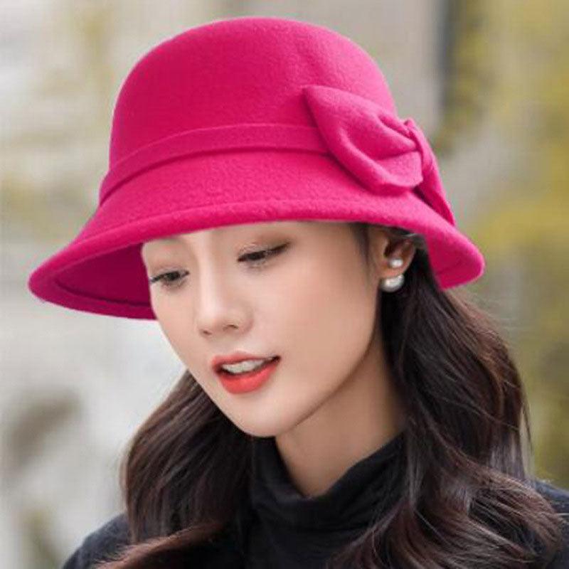 One Size Women's Hat Bow-knot Woolen Fedoras Women's Autumn Winter Hat Solid Color Wide Brim Hat Elegant Fedora Hat Fashion Ladies Vintage Luxury Hat Warm Autumn Soft Hat for Ladies
