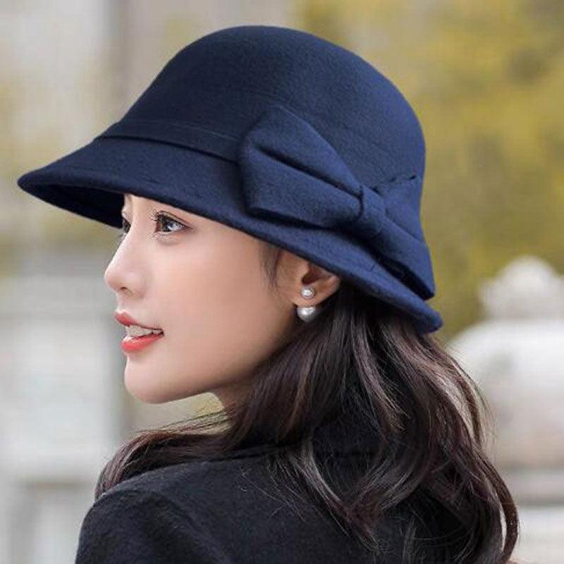 One Size Women's Hat Bow-knot Woolen Fedoras Women's Autumn Winter Hat Solid Color Wide Brim Hat Elegant Fedora Hat Fashion Ladies Vintage Luxury Hat Warm Autumn Soft Hat for Ladies