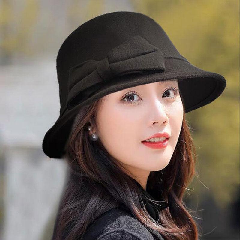 One Size Women's Hat Bow-knot Woolen Fedoras Women's Autumn Winter Hat Solid Color Wide Brim Hat Elegant Fedora Hat Fashion Ladies Vintage Luxury Hat Warm Autumn Soft Hat for Ladies