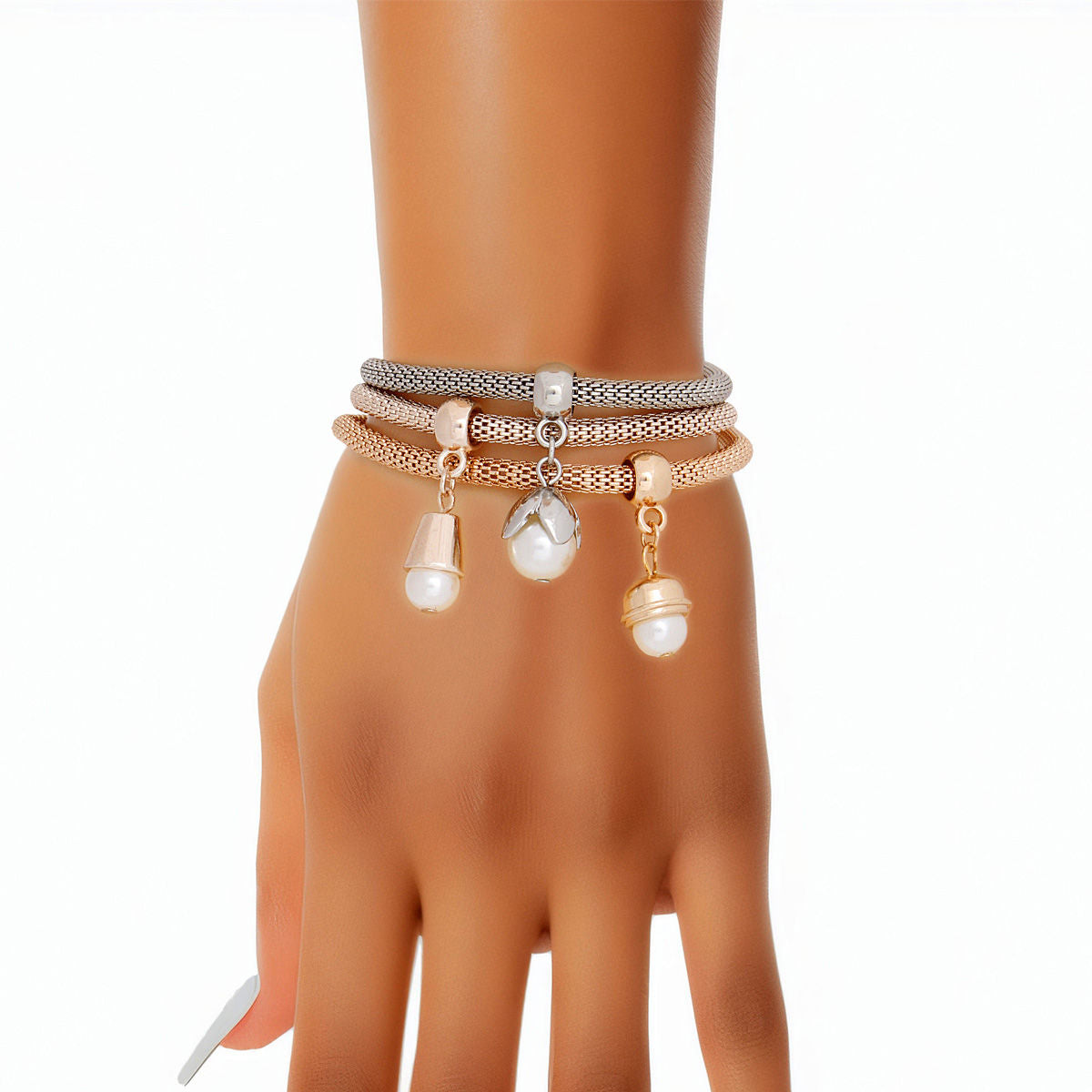 Mixed Metal Mesh Pearl Charm Bracelet Stylish Women’s Jewelry Set