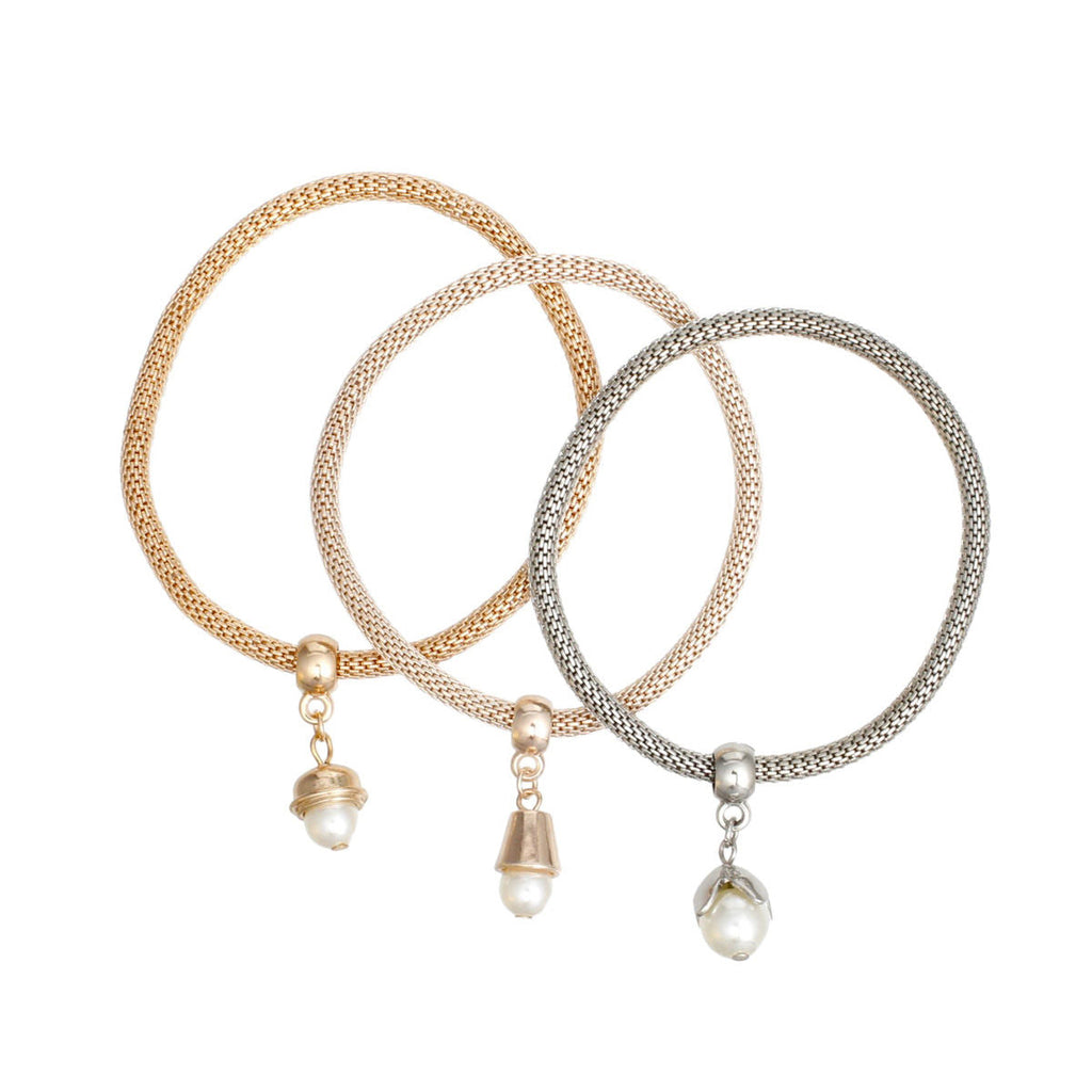 Mixed Metal Mesh Pearl Charm Bracelet Stylish Women’s Jewelry Set